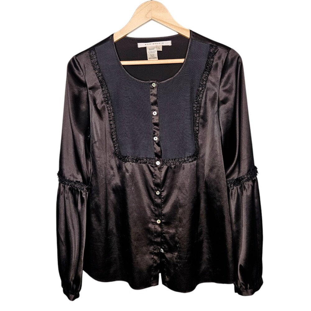 MAX STUDIO Womens Black Satin Blouse L Balloon Sleeves Whimsigoth Witchy Boho